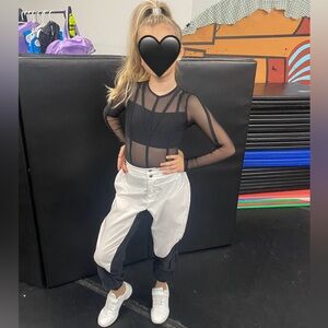 Black Sheer Top with White and Black Pants